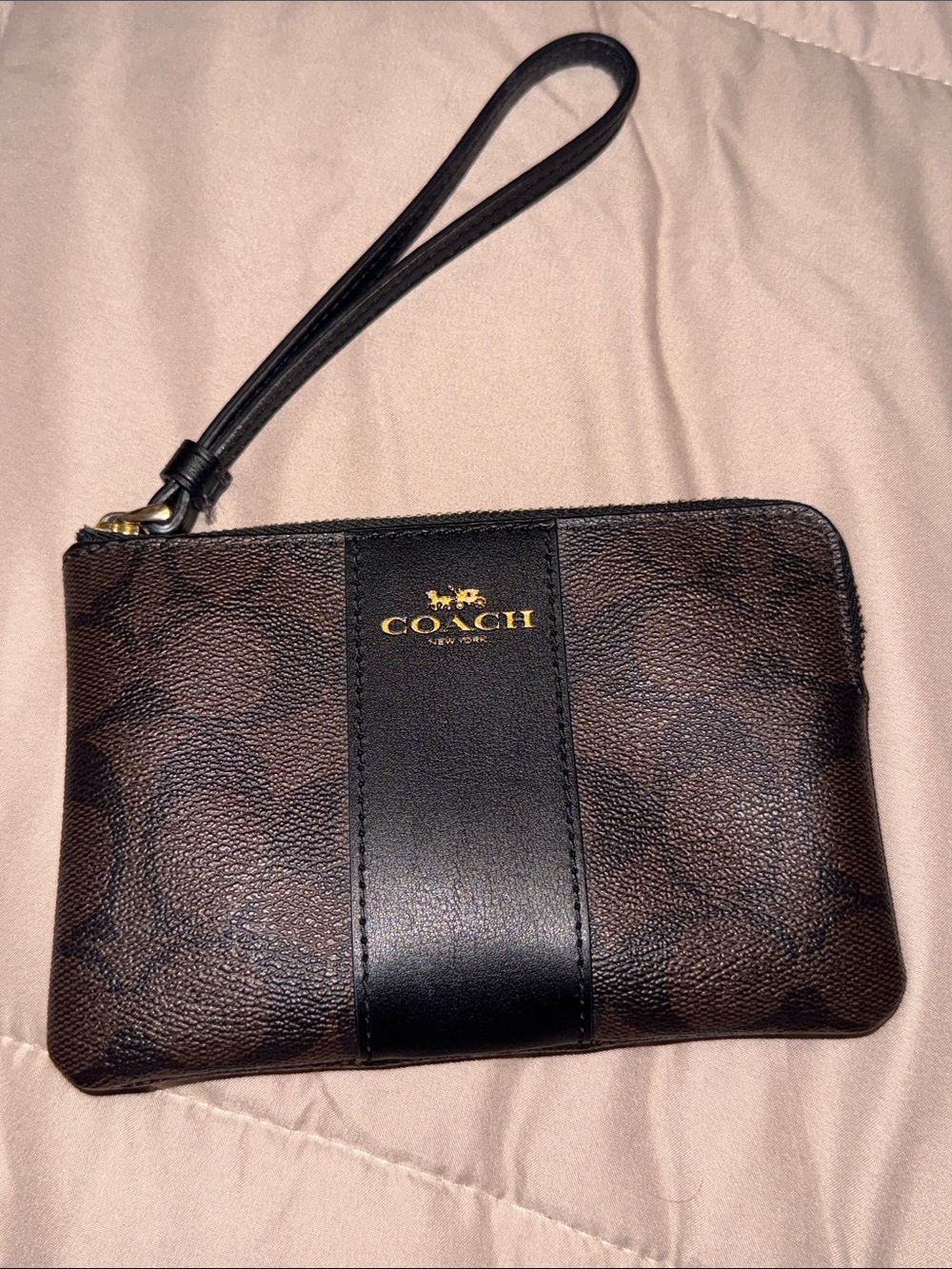 Coach Brown Signature Wristlet with Black Center Stripe
